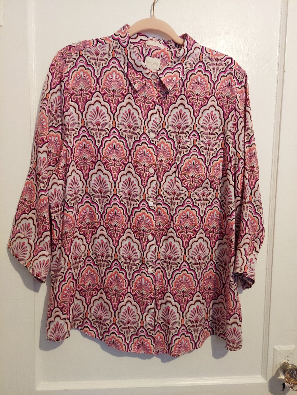 Chicos Blouse Womens 3 16/18 Plus Paisley 100% Linen No Iron 3/4 sleeve Summer